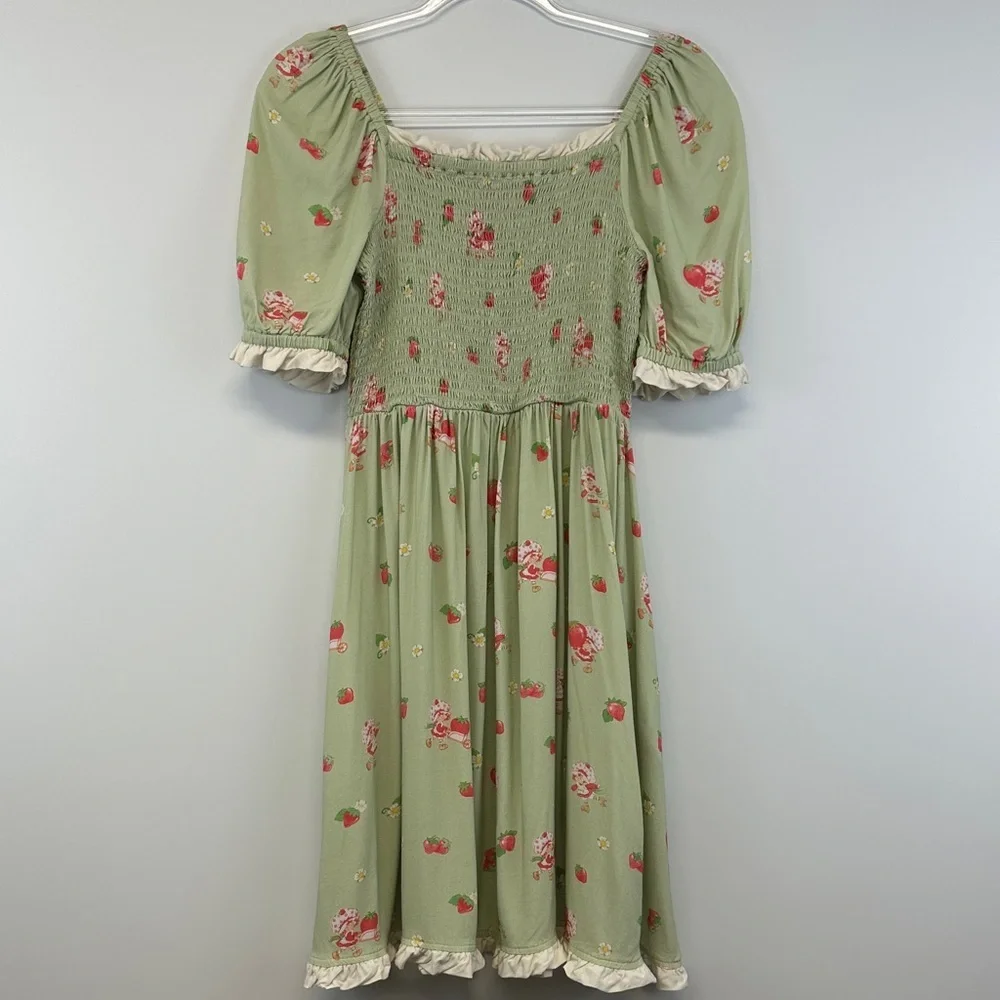 Hot Topic Strawberry Shortcake Sage Green Smocked Cottagecore Midi Dress M